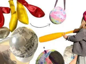 collage of pinata supplies and girl hitting balloon pinata with plastic bat.