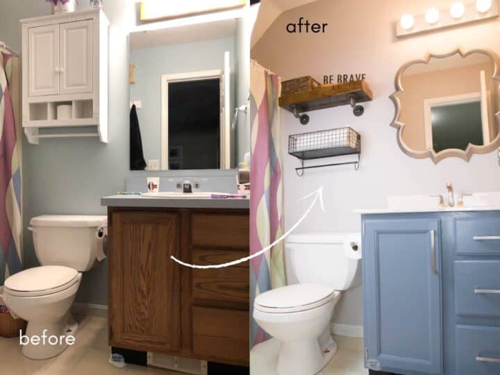 before and after bathroom makeover with arrow pointing.