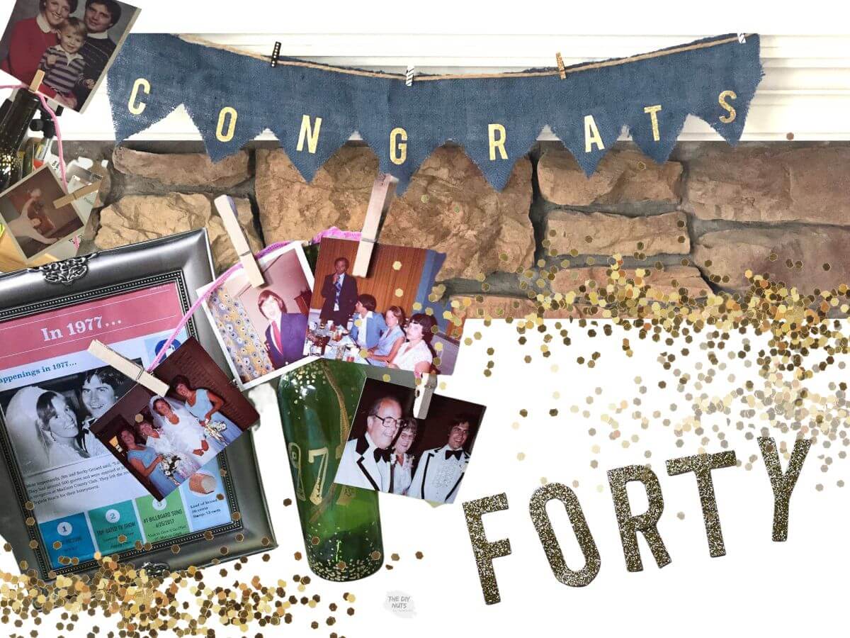 DIY 40th wedding anniversary ideas with DIY photo holder, banner and glitter letters spelling forty.