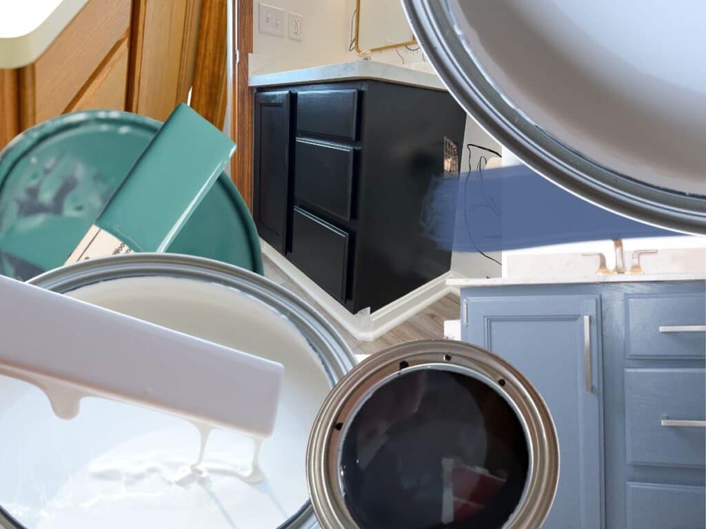 collage of painted bathroom vanity cabinets and different color paint cans.