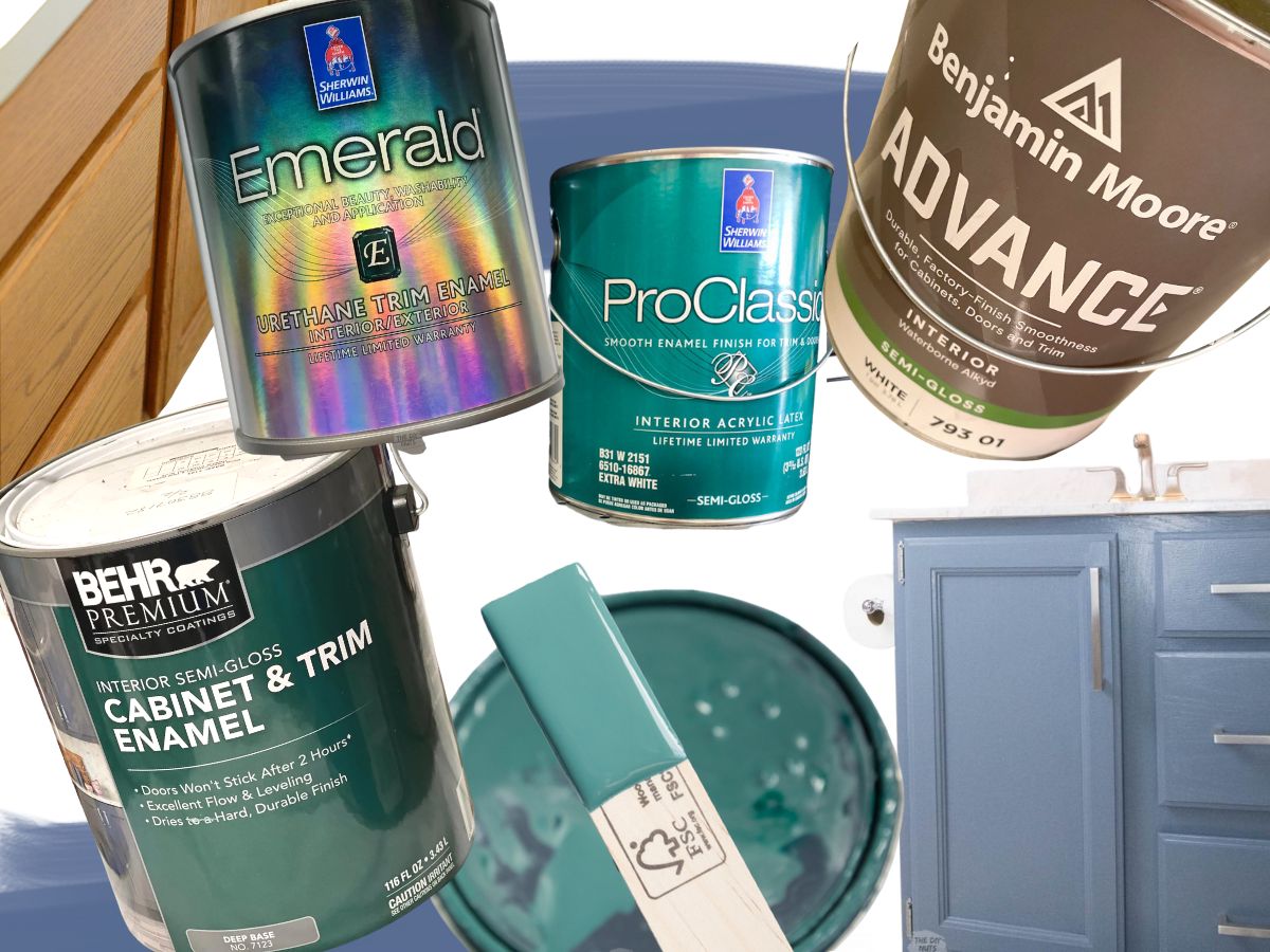 collage of cans of cabinet paint and paint bathroom vanity in the background.