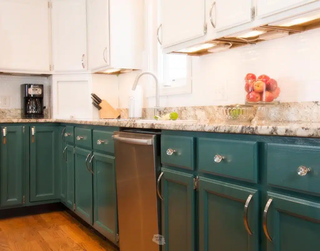 Kitchen cabinets with green lower cabinets and white painted upper cabinets.