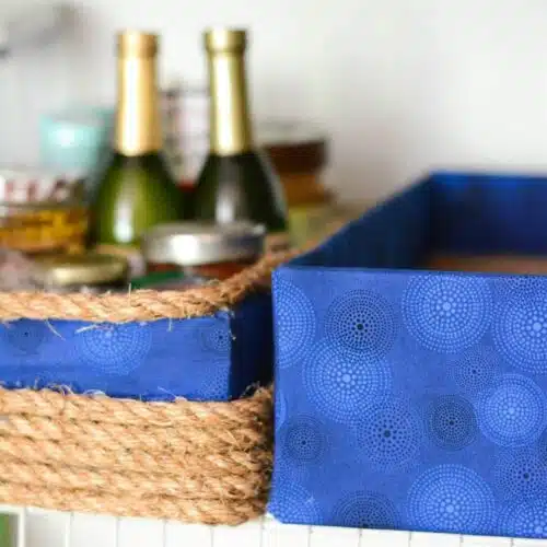 blue fabric DIY storage boxes in pantry.
