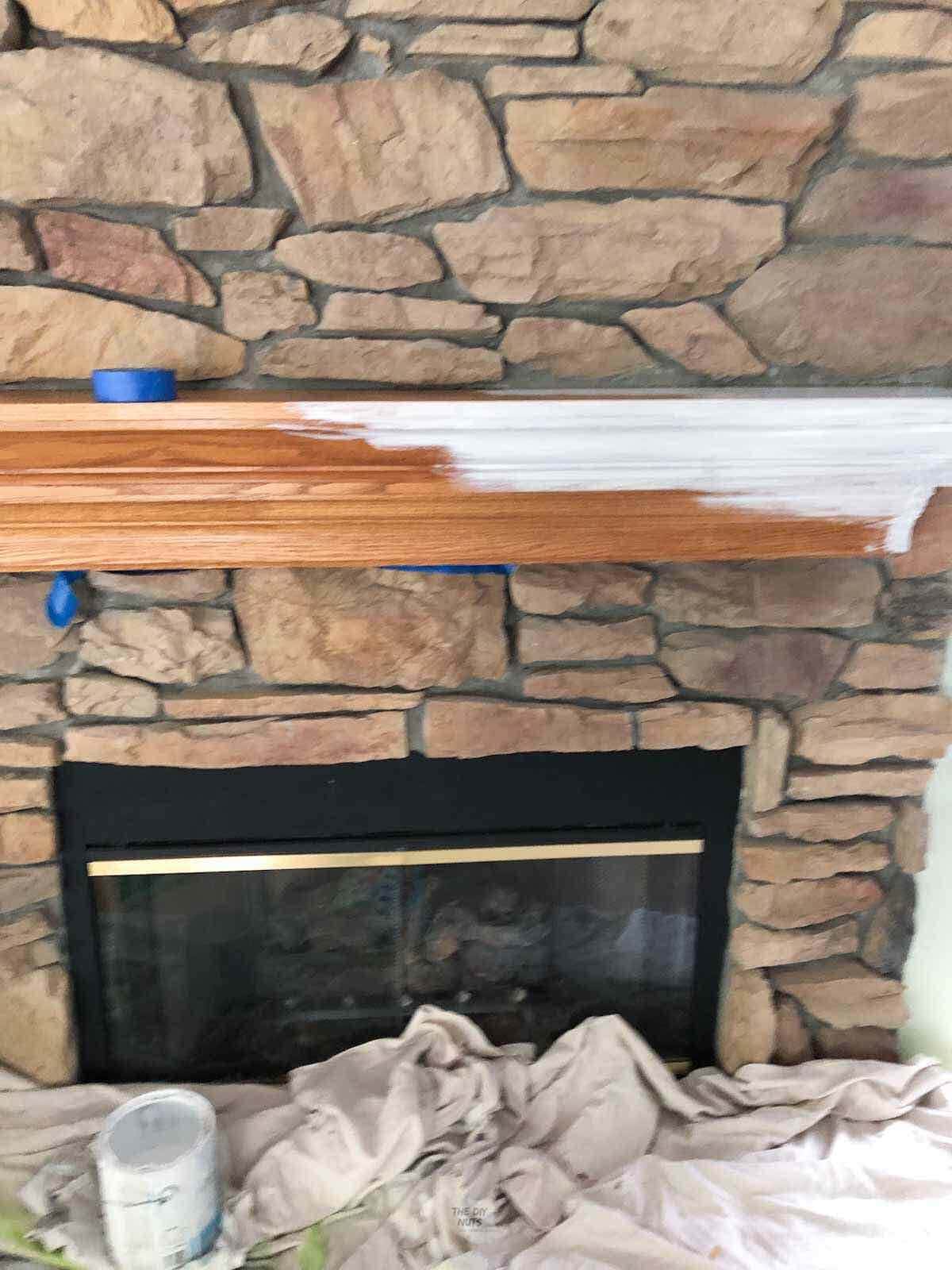 Half of oak mantle primed with the other part still needed to be primed.
