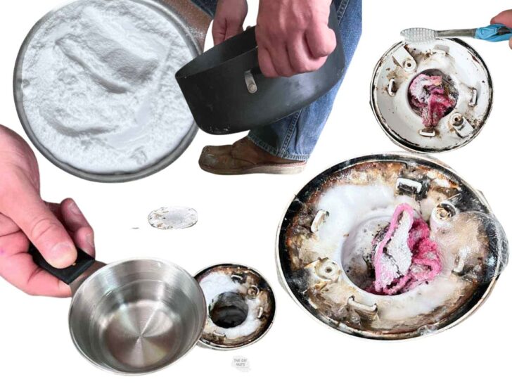 collage of images unclogging drain with vinegar and baking soda.