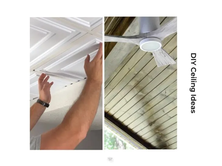 two ceiling idea image of man putting drop ceiling and fan with wood ceiling.