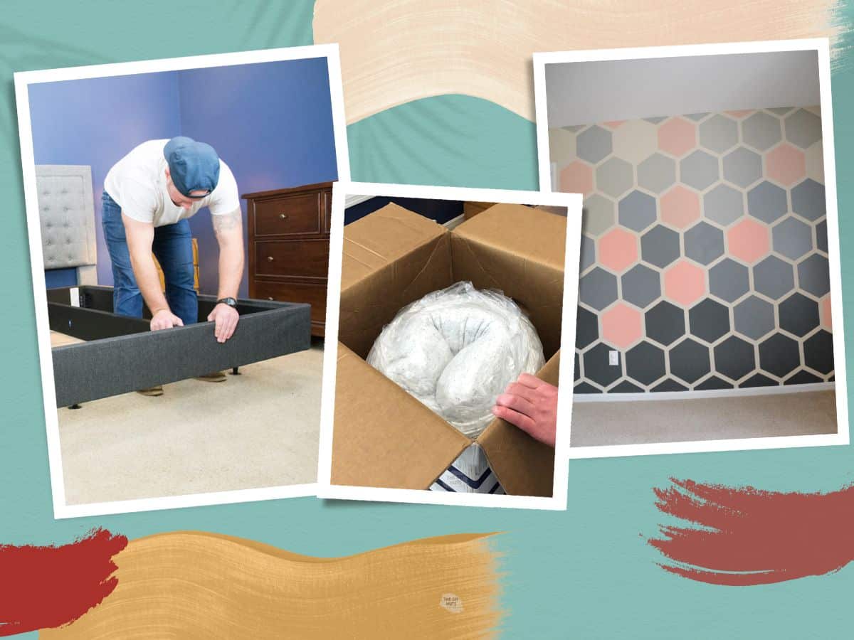 images of 3 bedroom DIY projects of hexagon mural, bed in a box and man installing bed frame.