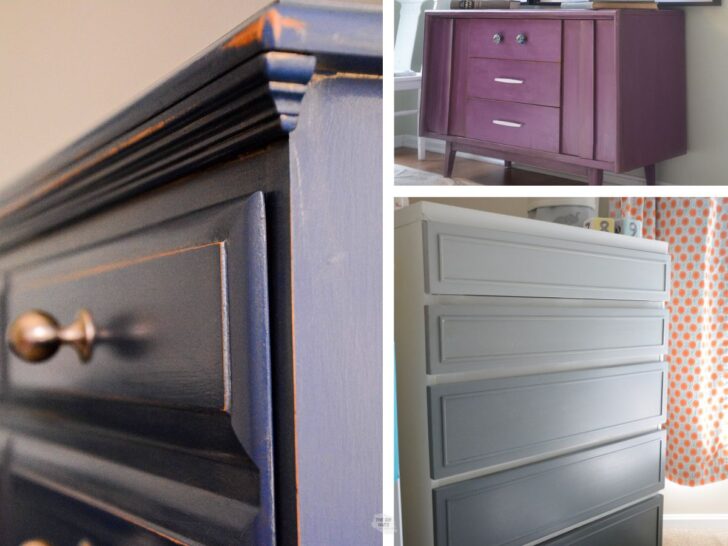 3 different images of dressers painted with different colored chalk paint.