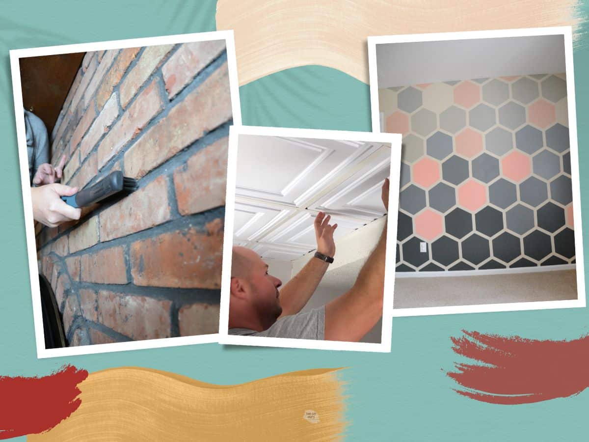 3 images collaged of brick fireplace, man fixing ceiling and hexagon painted wall.