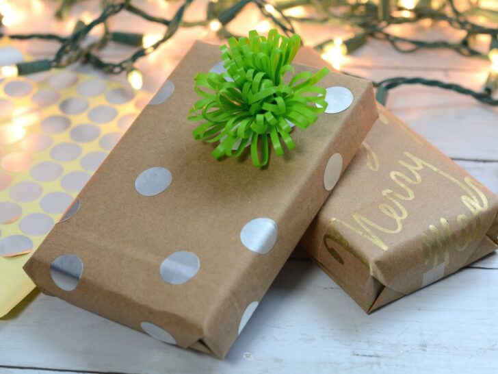 two presents wrapped with DIY brown paper bag wrapping paper.