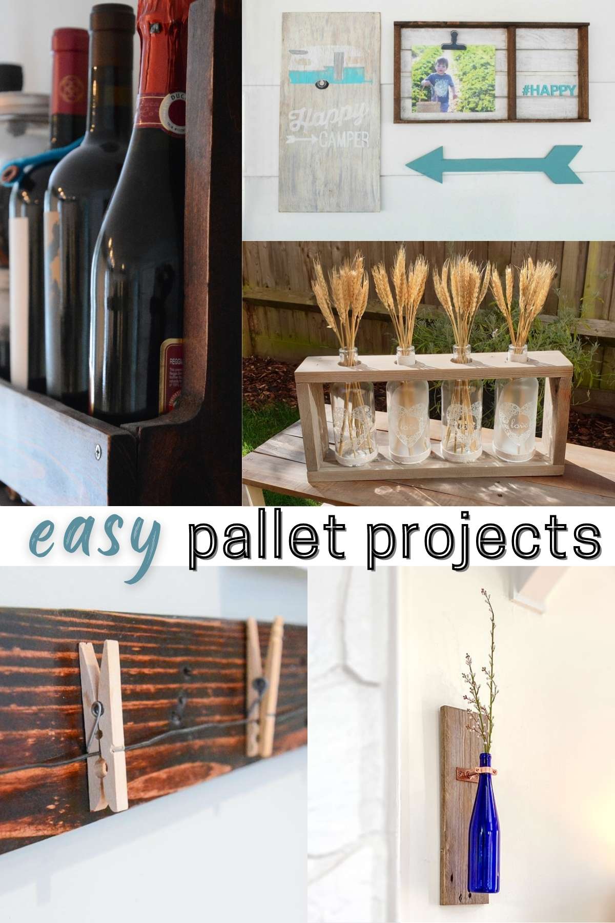 easy pallet projects with 5 different images of pallet wood DIY projects.