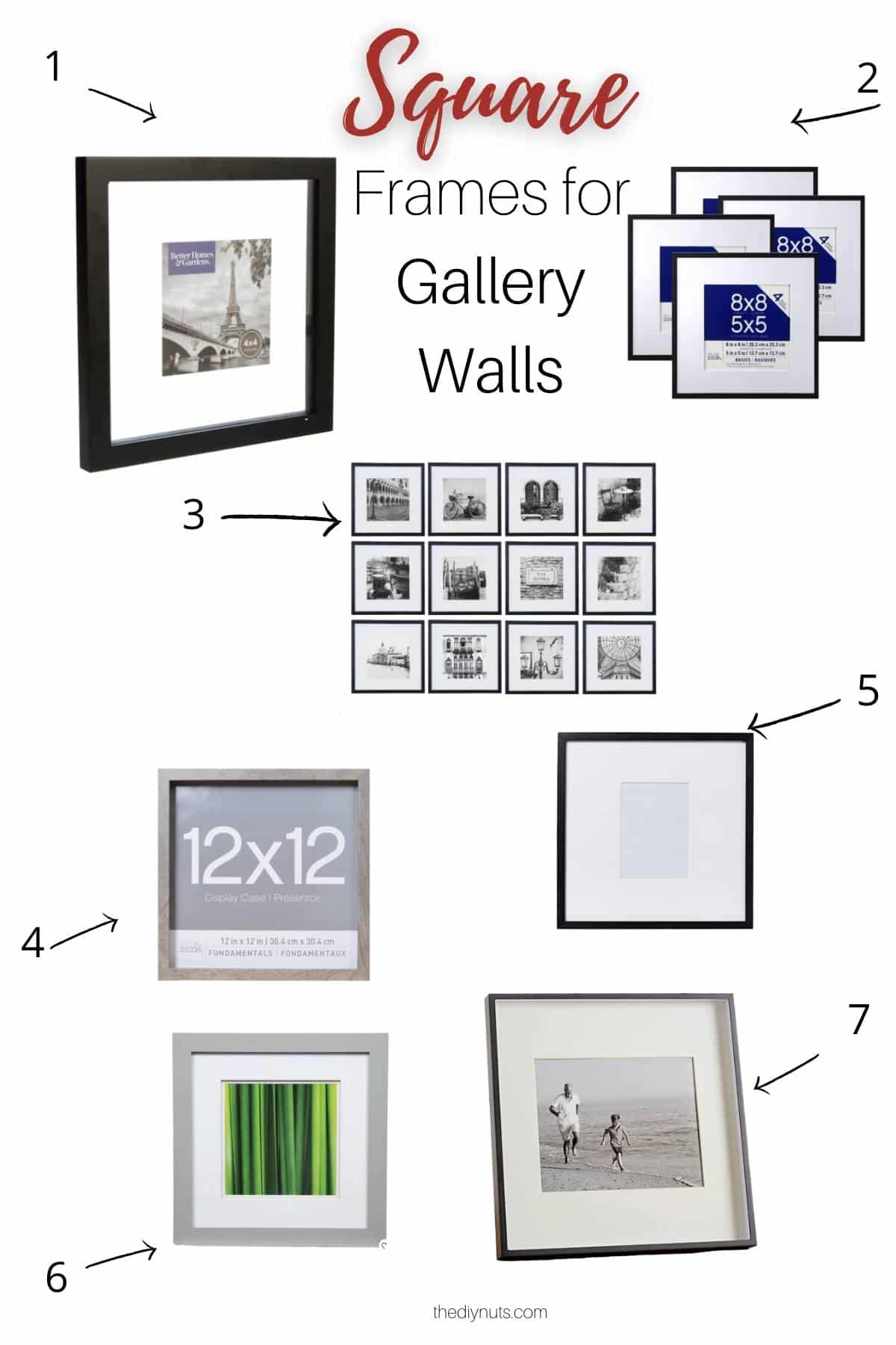 7 different images of square picture frames with text square frames for gallery walls.