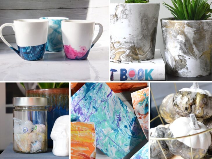 collage of marbling crafts with mugs, flower pots, jar, paper and pumpkins.