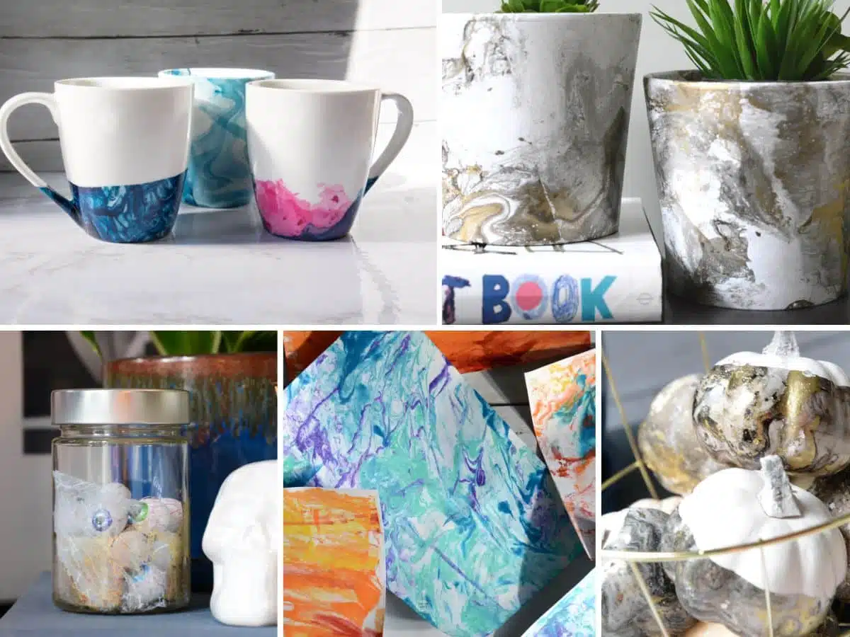 collage of marbling crafts with mugs, flower pots, jar, paper and pumpkins.
