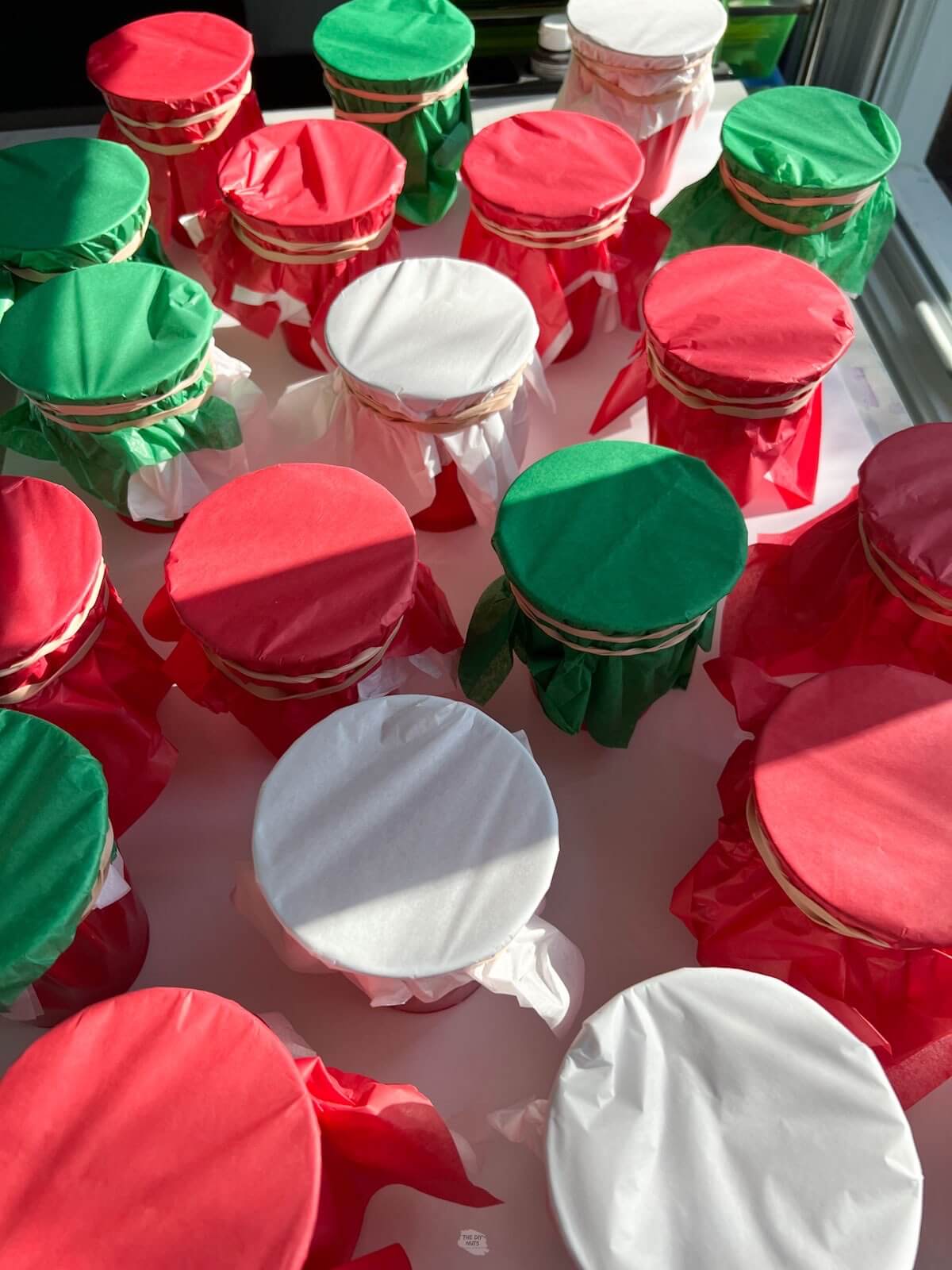 cups on table with green, red and white tissue paper on them with rubber bands.