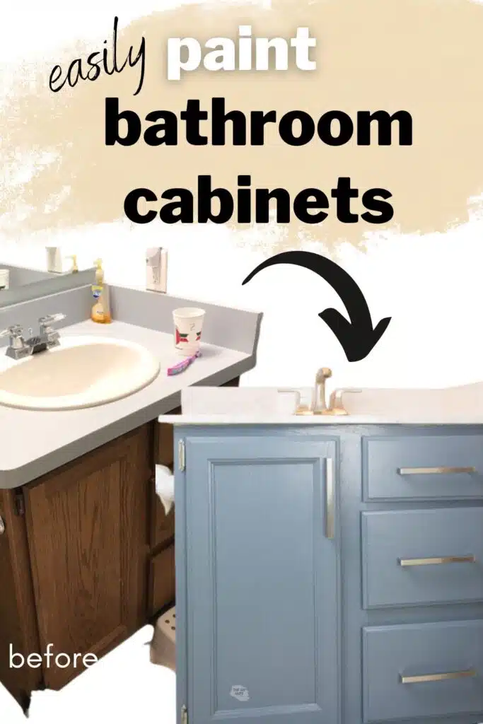 old oak bathroom vanity with arrow pointing to painted bathroom cabinets with text easily paint bathroom cabinets.
