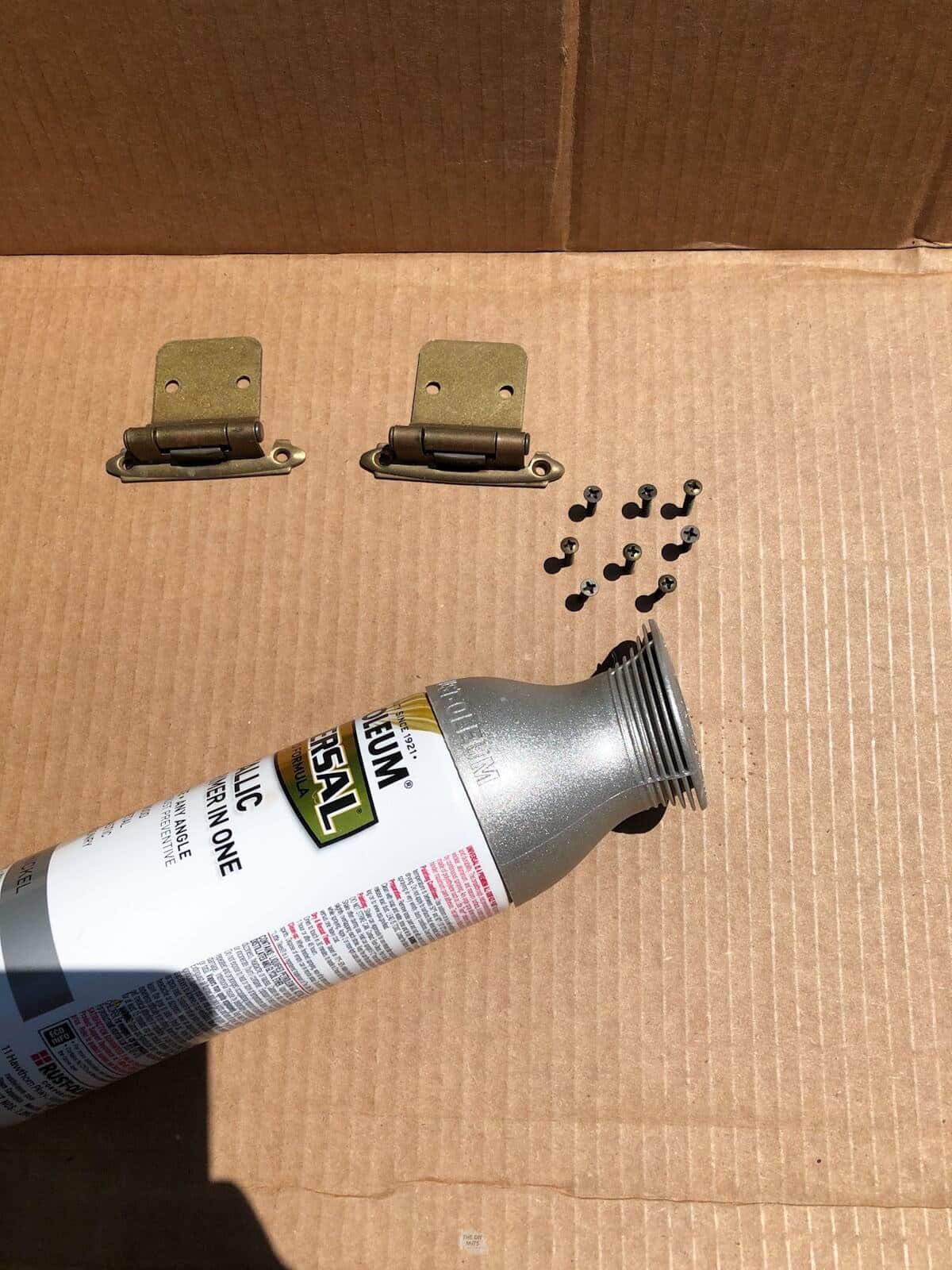 Silver spray paint laying on cardboard with hinges and screws stuck in cardboard.
