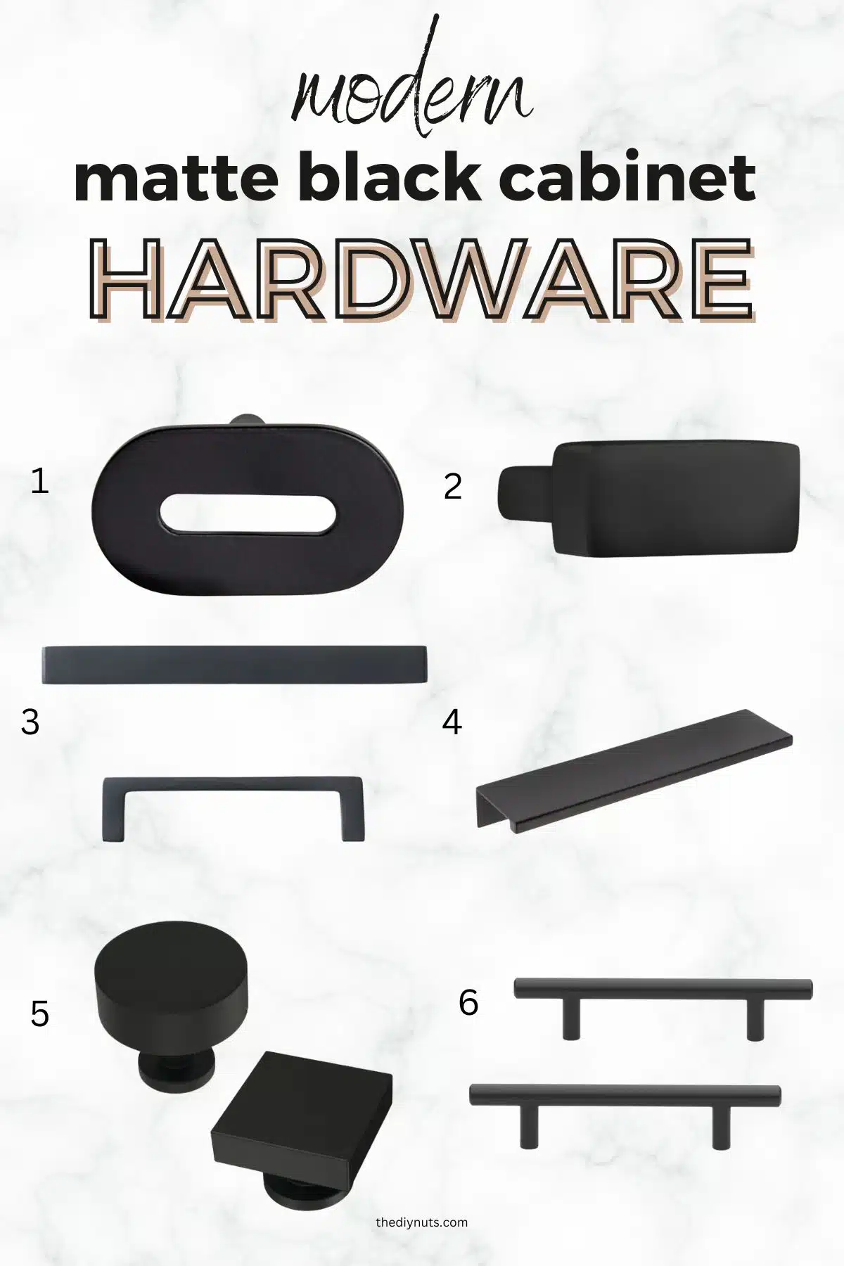 collage of black hardware pulls, knobs and handles with text modern matter black cabinet hardware.