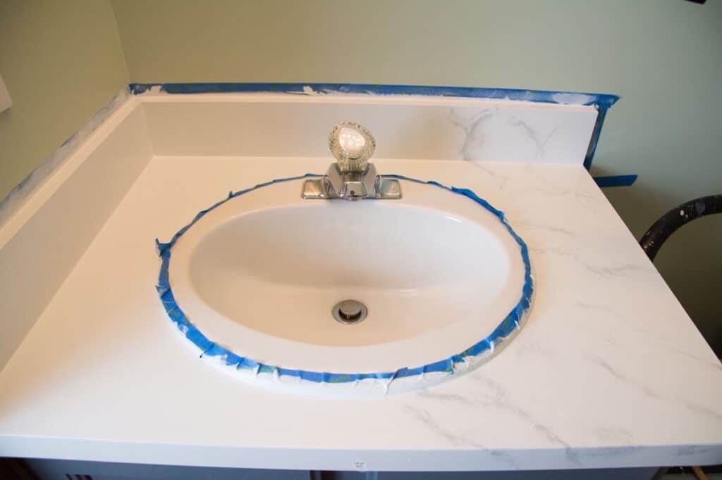 half painted faux marble countertop.