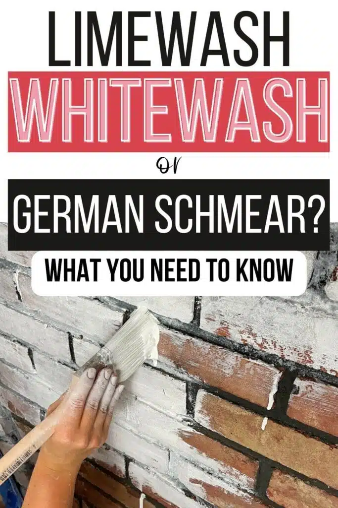 hand holding paint brush adding whitewash to brick wall with text limewash, whitewash or German schmear what you need to know.