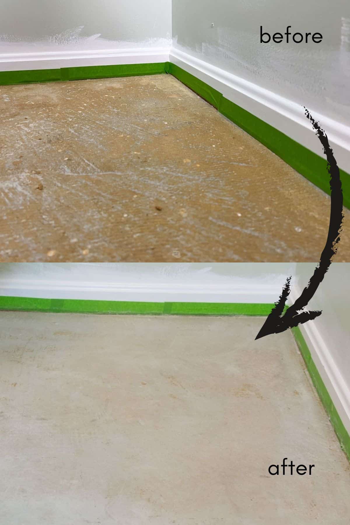 two images one before with carpet glue on concrete with molding and the other with arrow pointing to after with glue removed off of concrete.