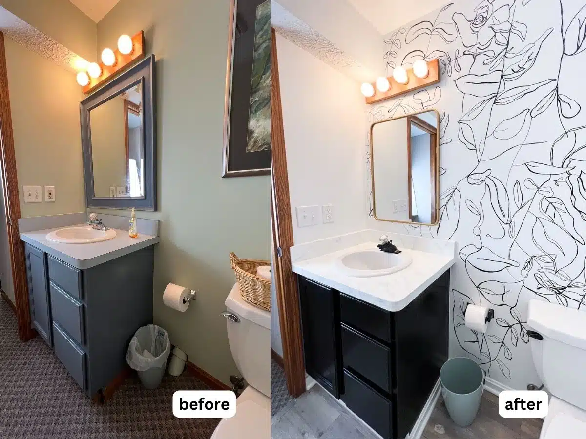 before bathroom with blue vanity, carpet and after image with black vanity and paint pen accent wall.