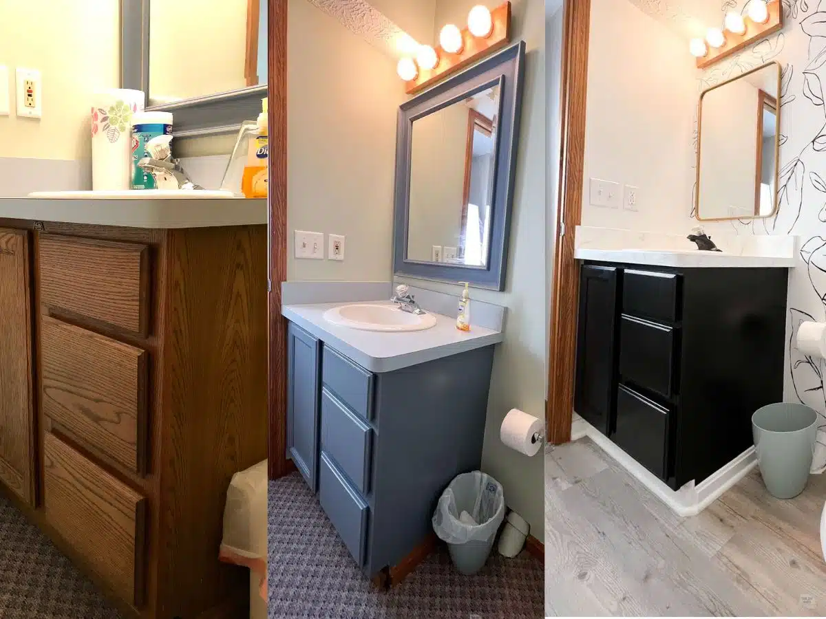 3 different views of the same oak bathroom vanity painted over time.
