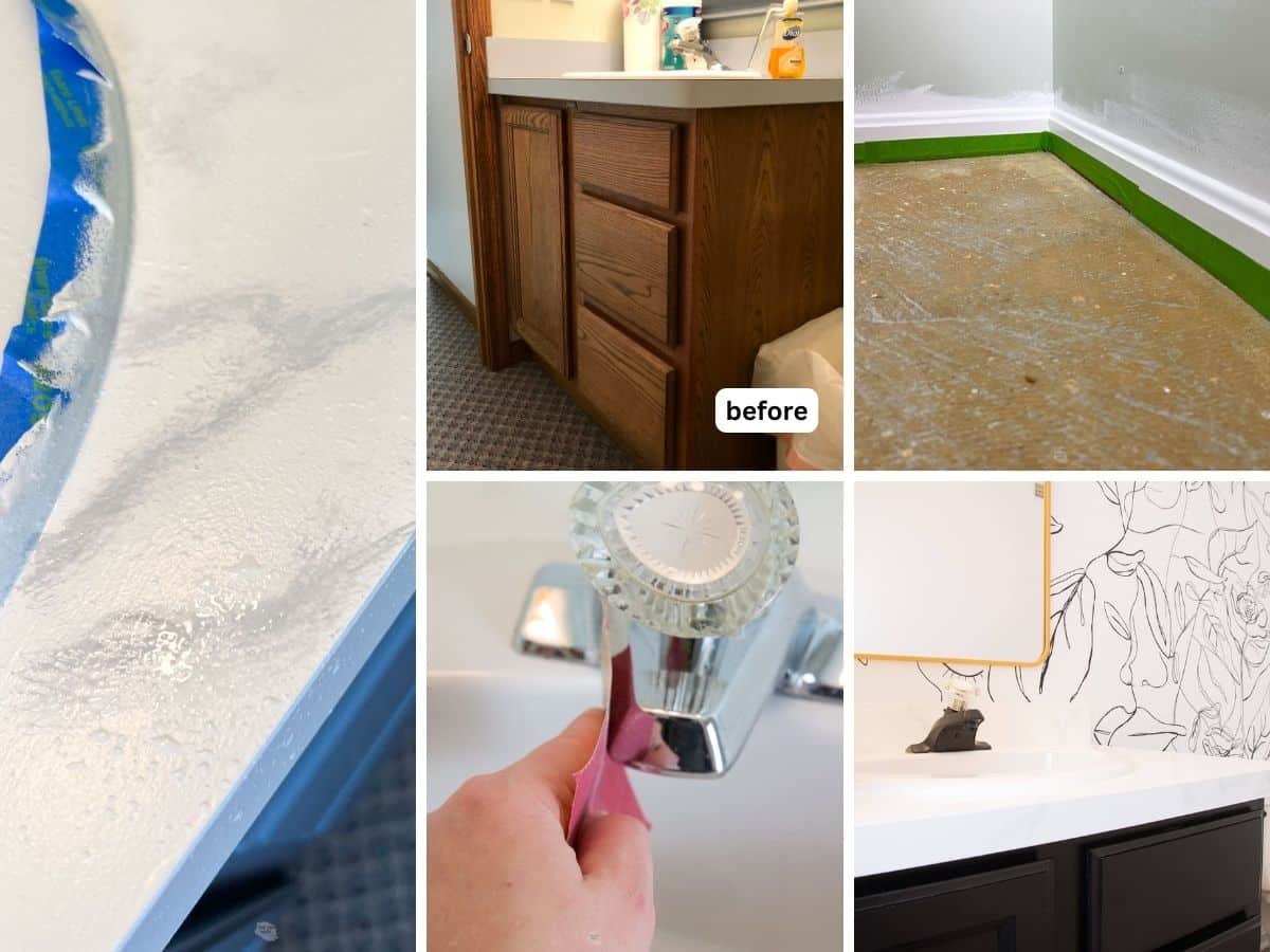 collage of cheap bathroom DIY projects. 