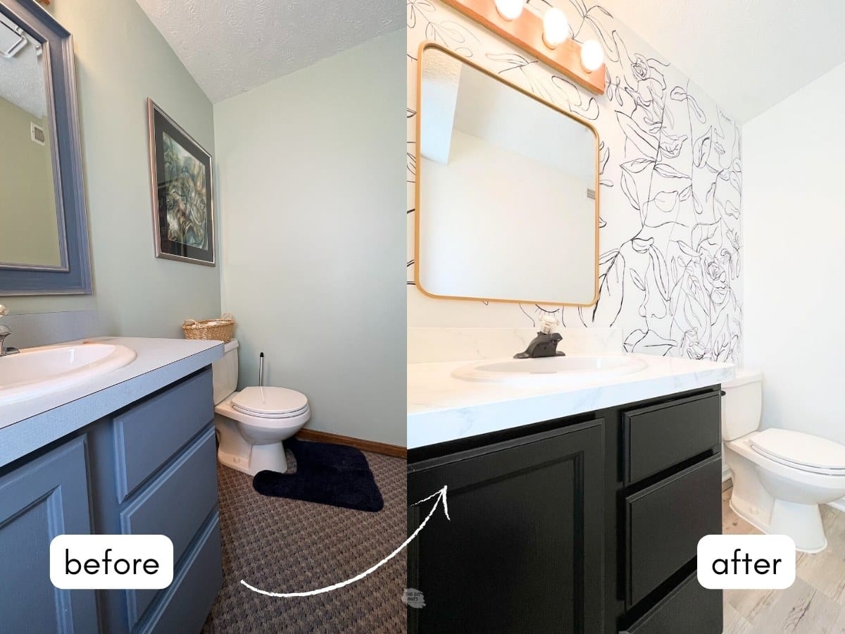 blue painted cabinets with green wall and carpet with before and arrow pointing to remodeled black and white bathroom.