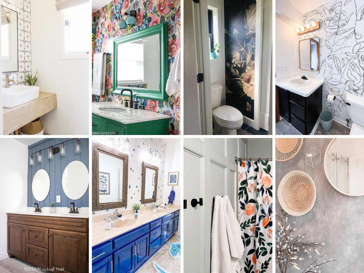 8 different images of bathroom accent wall ideas.