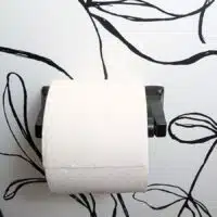 black toilet paper roll holder on wall with white and black pattern.