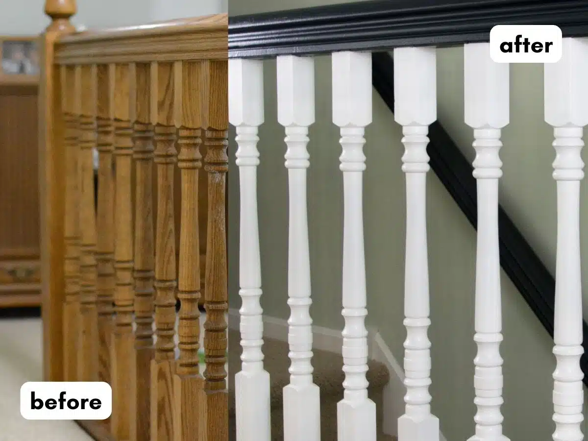 oak railing in half of picture and other half painted black and white with text before & after.