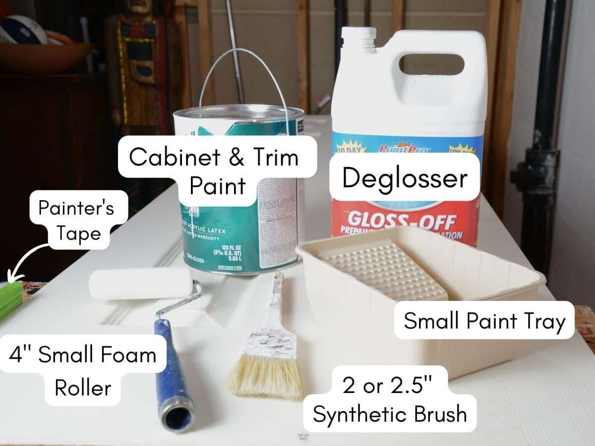 painting supplies sitting on interior door with text overlay  including, deglosser, cabinet paint, brush and roller.