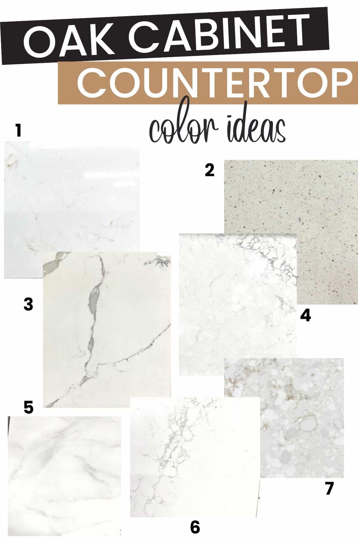 collage of countertop samples with text oak cabinet countertop color ideas.