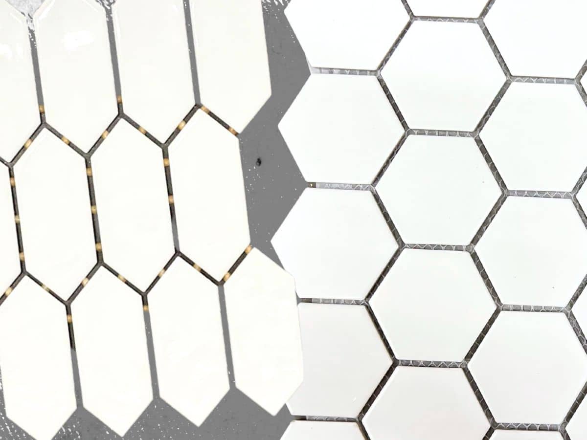 geometric white ceramic backsplash tile sheets.