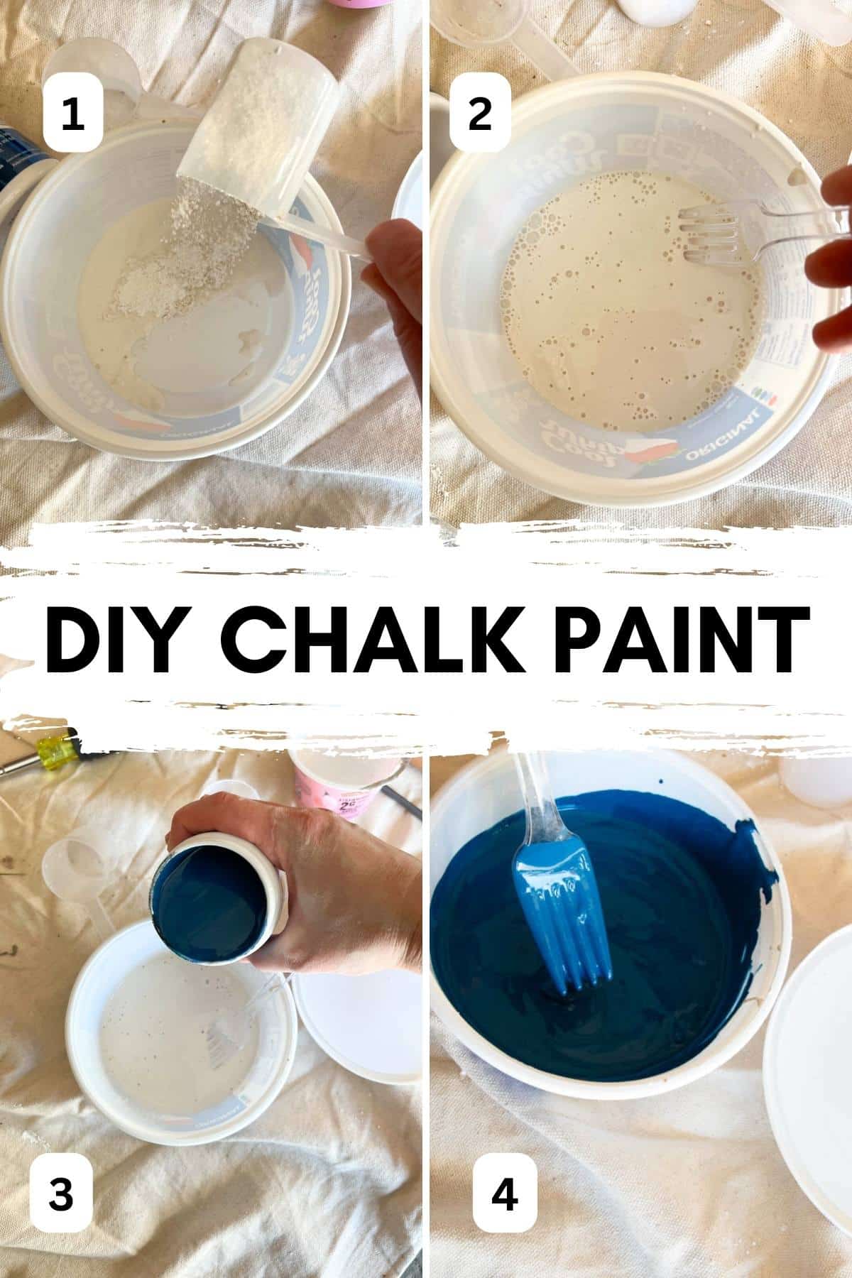 collage of images showing blue chalk paint being made.