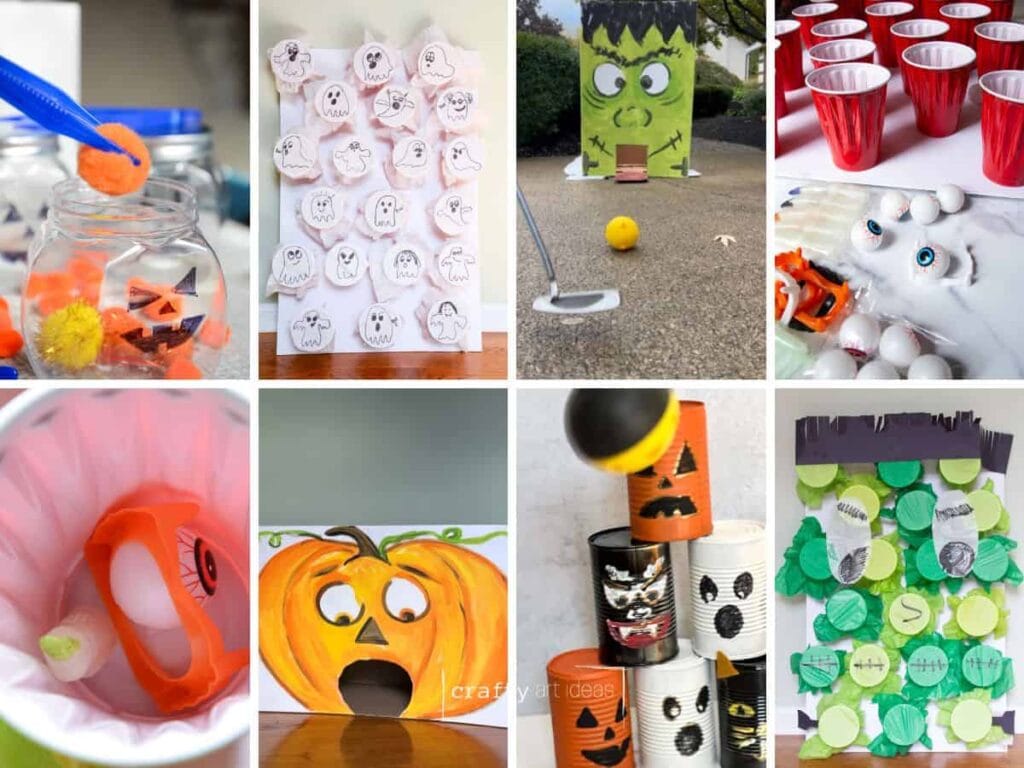collage of DIY halloween games.