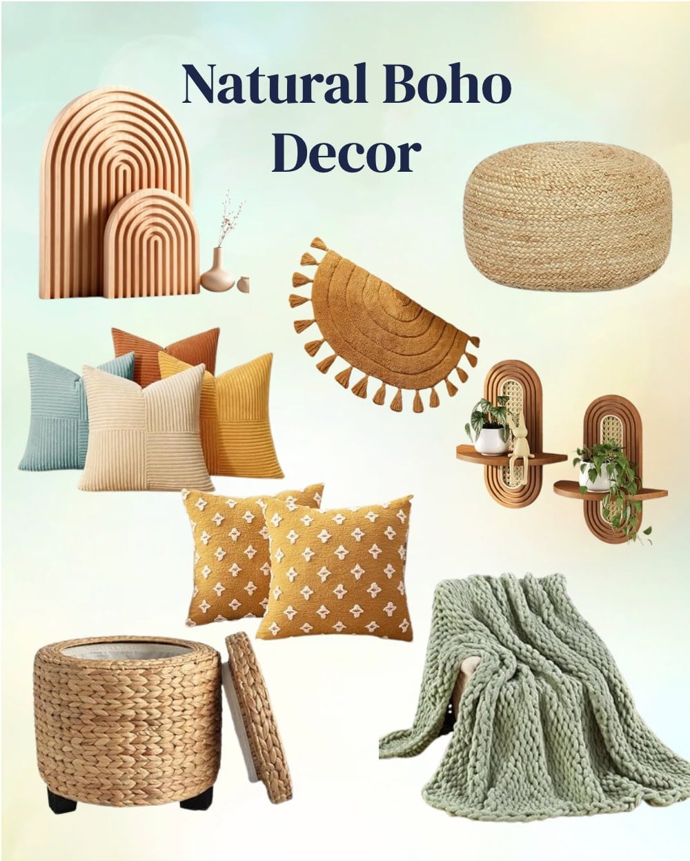 collage of boho pillows, rugs and pillows.