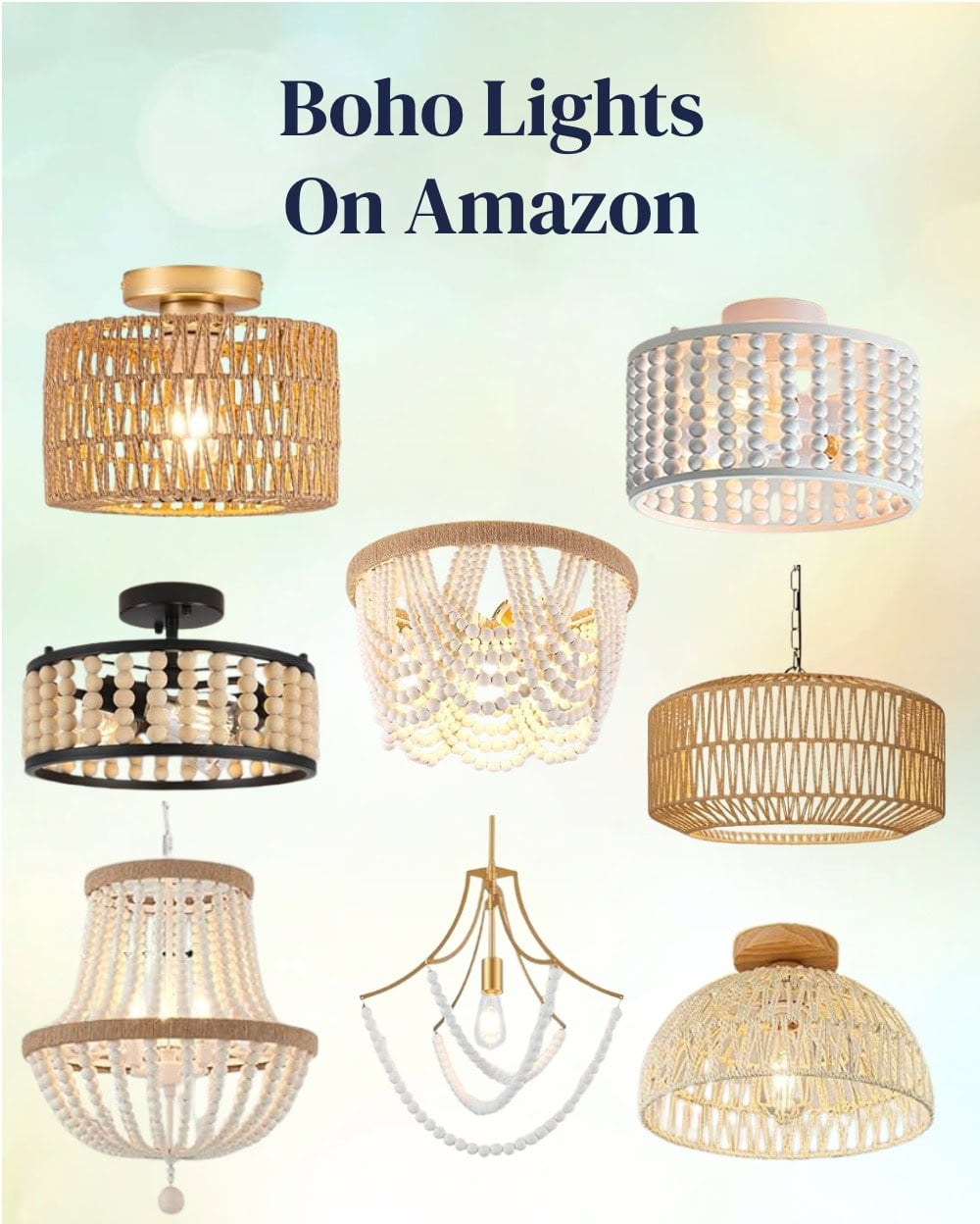 collage of boho light fixtures.